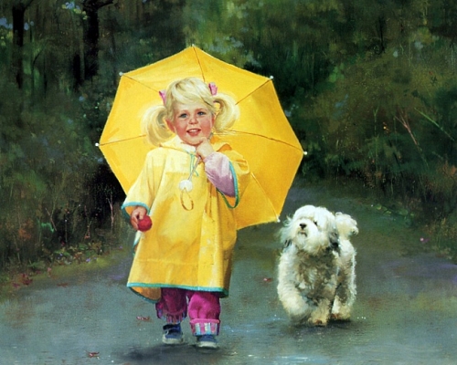 девочка под зонтиком, с собакой, улыбается