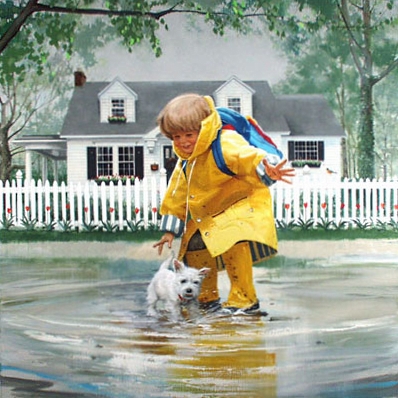 ребенок под дождем, с собакой мальчик
