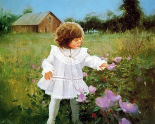 девочка в деревне, ребенок и цветы