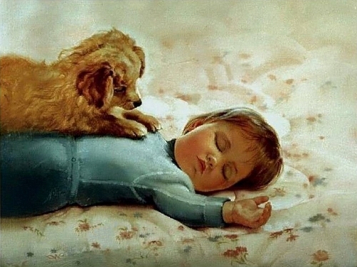 спящий ребенок и собака