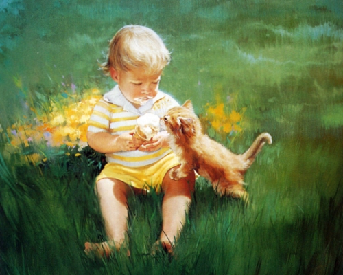 девочка, мальчик, мороженое, цветы, кошка