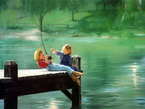 маленький рыбак, дети ловят рыбу, мальчик и девочка