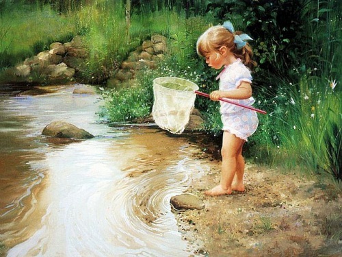 девочка возле реки, девочка ловит рыбу