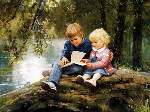 мальчик, девочка, друзья, дети читают книгу
