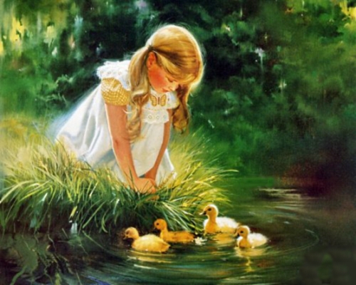 ребенок возле воды, девушка на пруду, девочка и утки, качки