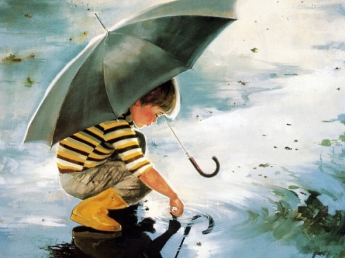 мальчик с зонтиком, ребенок под дождем, копается в луже