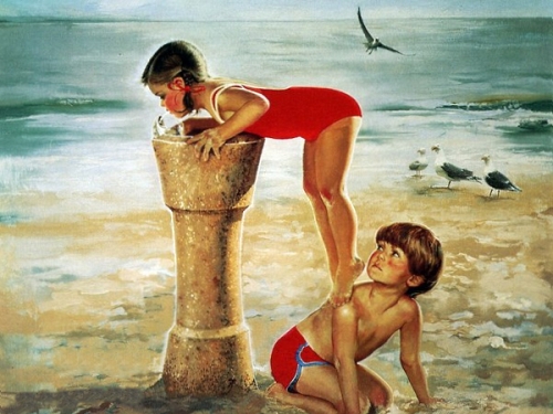 мальчик и девочка, девочка сверху, пьет воду