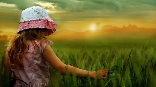 девочка со спины, девочка в поле, солнце садится