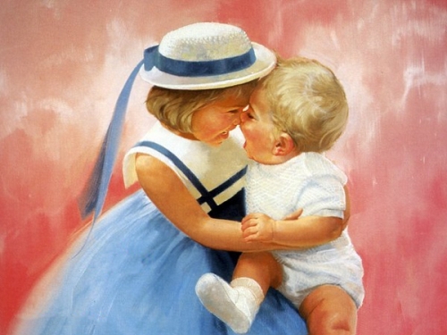 девочка держит малыша на руках, мальчик и девочка, красивые