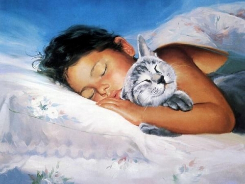  девочка спит, ребенок спит с котом